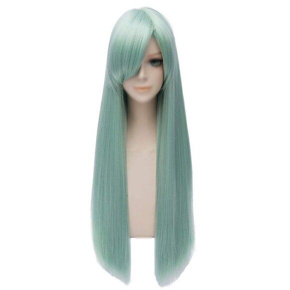 ? Women Green Long Cosplay Wig Mint Striaght Halloween Costume Party Hair Cap